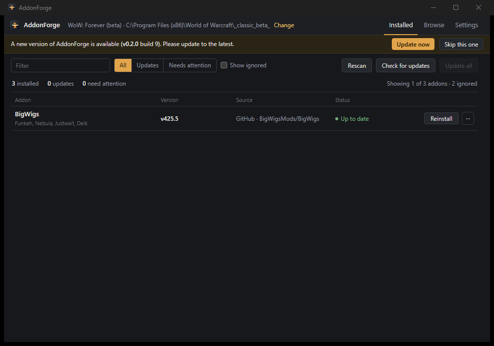 AddonForge installed addons view showing update status and management controls